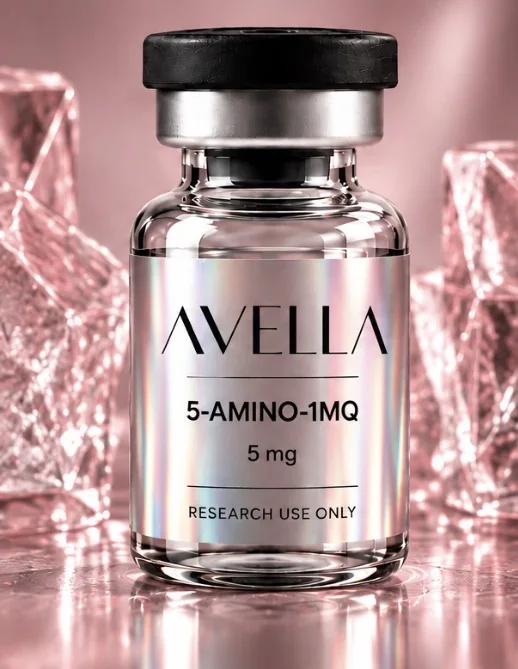 AVELLA 5-AMINO-1MQ 5 mg vial among pink crystal forms